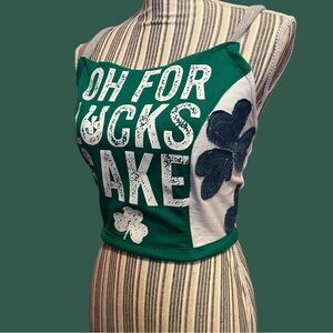 St Patrick’s day Upcycled halter. Tie back. Made from spared tees. Sz s